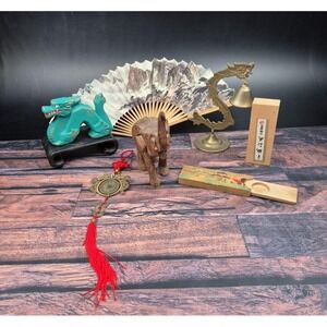 Asian Decor Lot VTG CAAC Fan Dragon‎ Bell Boxes Elephant Tassel Global Boho
